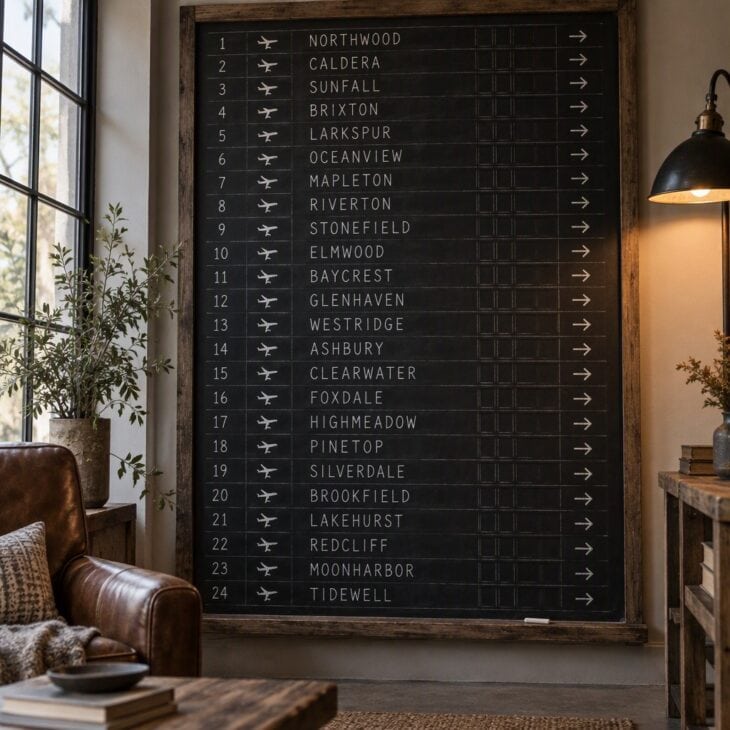 A chalkboard departures board with one new destination per day.