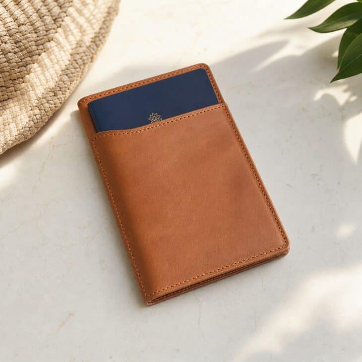 Slim tan travel wallet with a navy passport