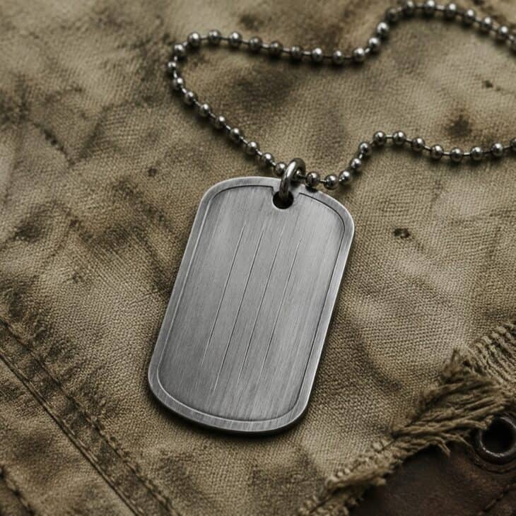 A dog tag can carry a name and a date.