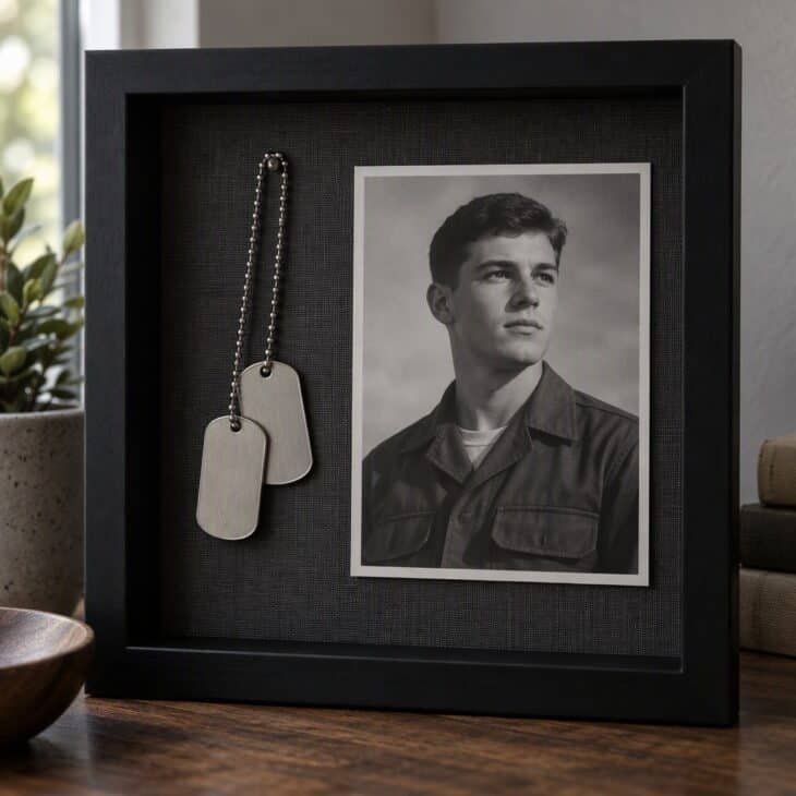 Dog tags beside a portrait make a personal, quiet keepsake.