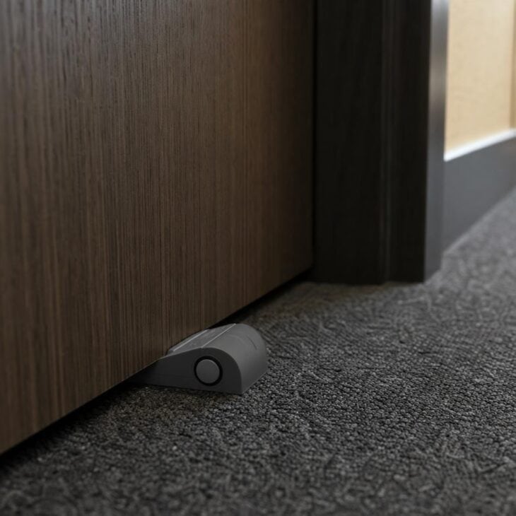 A portable door alarm adds peace of mind in hotel rooms.