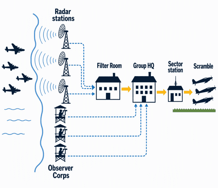 The Dowding system: radar and observers fed one central picture, which sent fighters to meet each raid.