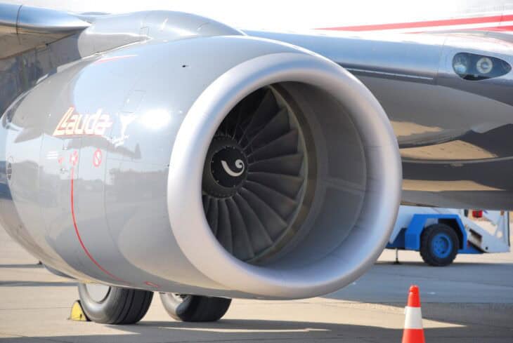 Fan face of a CFM56 turbofan on a Boeing 737 Next Generation parked on the ramp