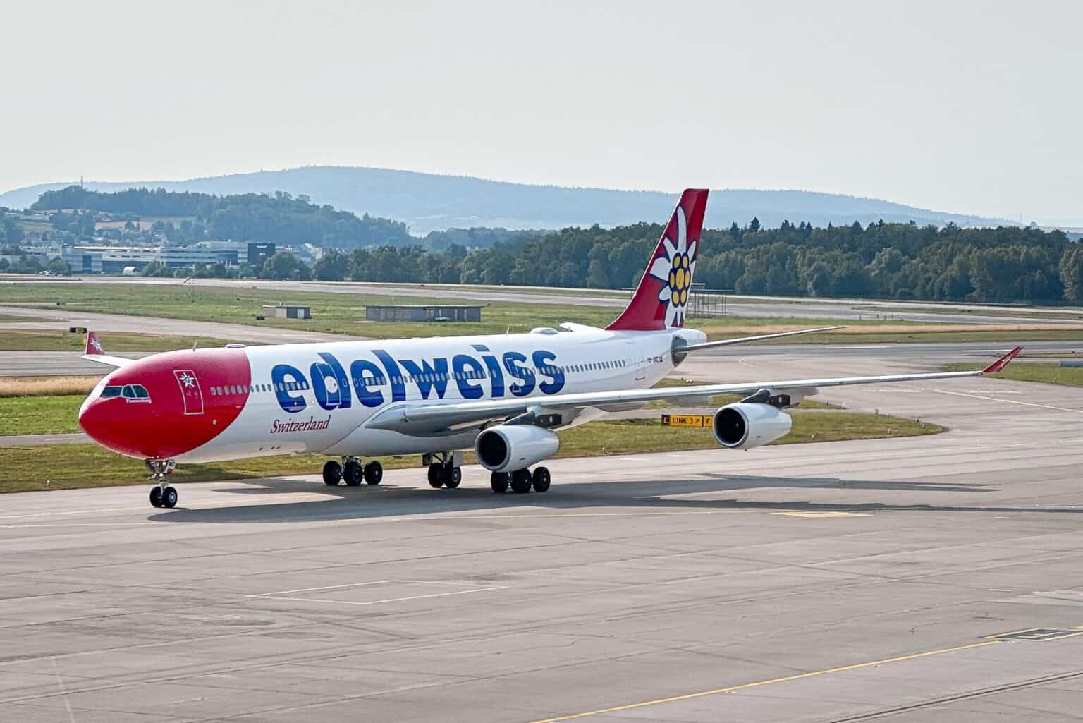 Edelweiss Airbus A340-300 HB-JMC taxiing at Zurich Airport