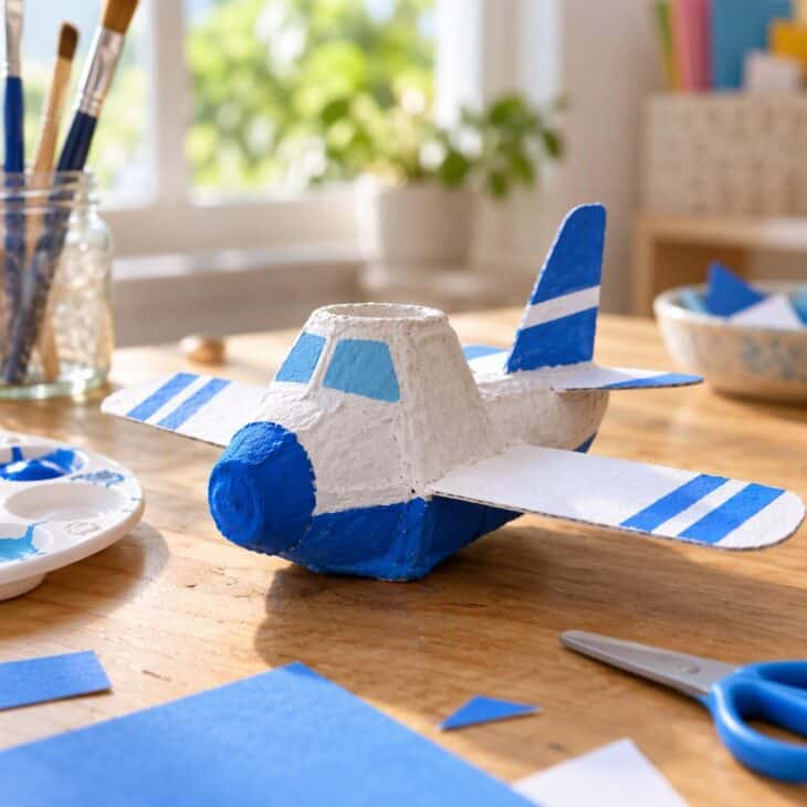 An egg carton cup turned into a small jet with paper wings