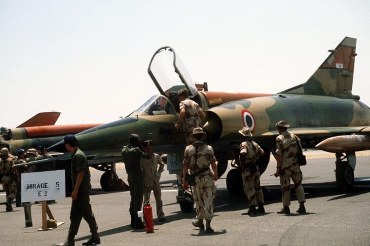 Egyptian Air Force Mirage 5 at Cairo West in 1985 with ground crew