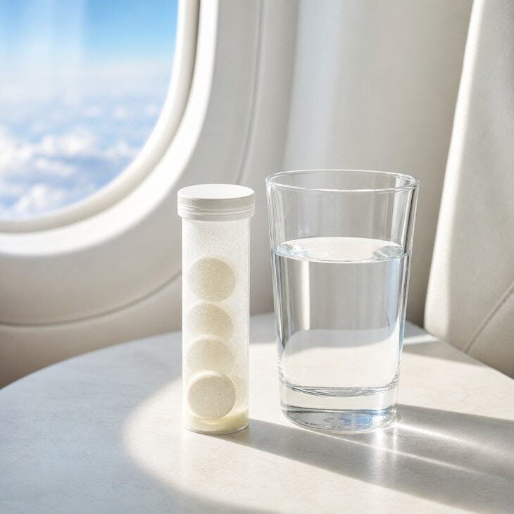 Effervescent electrolyte tablets beside a glass of water