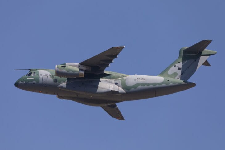 Brazilian Air Force Embraer KC-390 in flight showing its camouflage paint