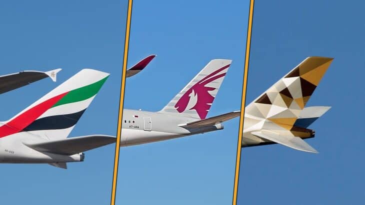 Tail fins of an Emirates Airbus A380, a Qatar Airways Airbus A350-1000 and an Etihad Airways Airbus A380 side by side