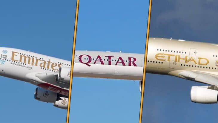 Fuselage lettering of an Emirates Airbus A380, a Qatar Airways Airbus A350-1000 and an Etihad Airways Airbus A380 side by side