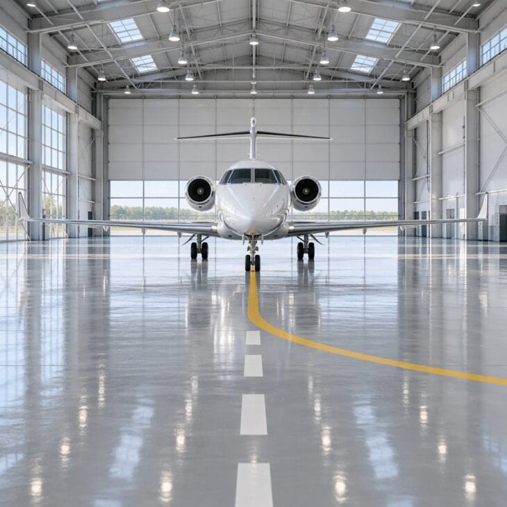 A painted floor makes the hangar look like a taxiway.