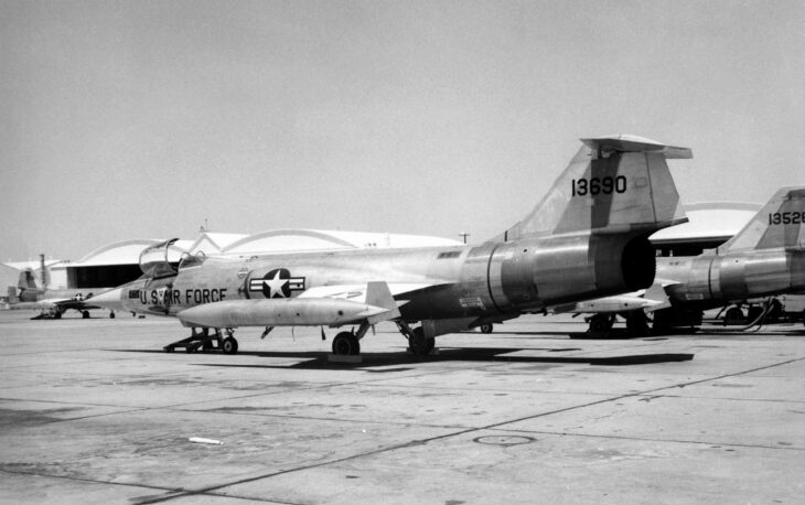 Black-and-white photo of German Luftwaffe F-104G Starfighters parked on the ramp at Luke Air Force Base in 1969