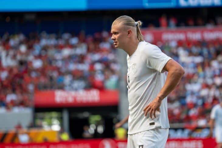 Erling Haaland in profile with his blond ponytail during Norway's match against Morocco on June 7, 2026