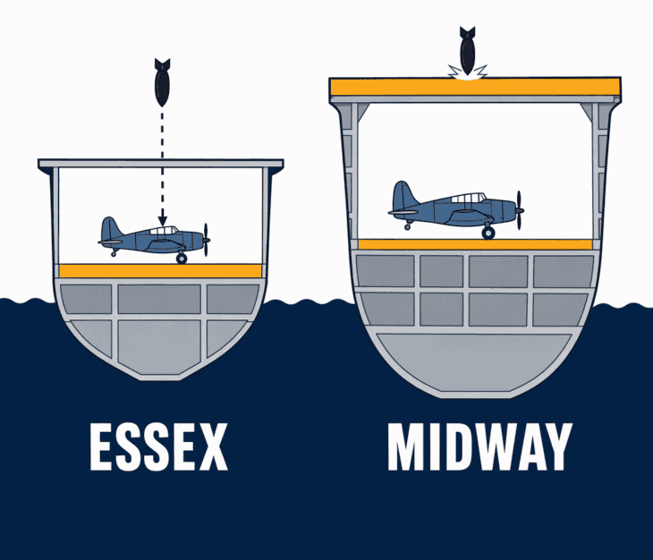 An Essex carried its armor at hangar level; the Midway design moved heavy armor up to the flight deck, and needed a far bigger hull to carry it.