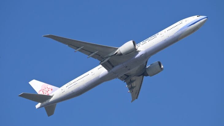 China Airlines Boeing 777-300ER B-18006 climbing after departing Taoyuan