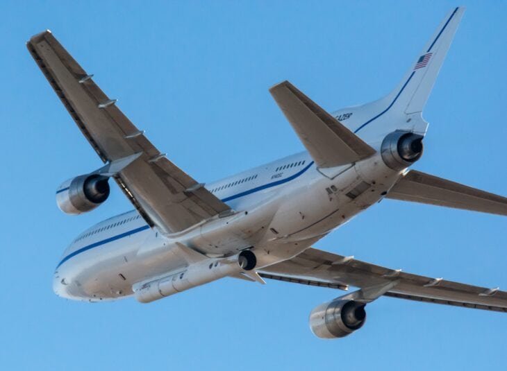 Northrop Grumman L-1011 Stargazer climbing away from Vandenberg with a Pegasus rocket under the fuselage