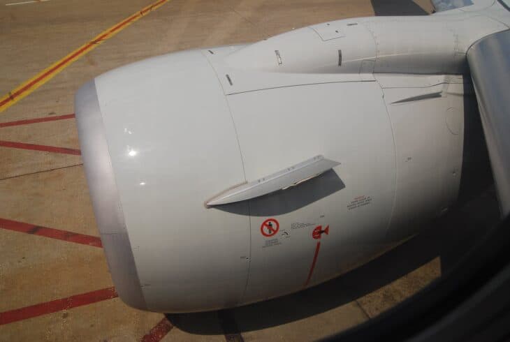 Close-up of the CFM56 engine nacelle on a Boeing 737-800 on the ramp