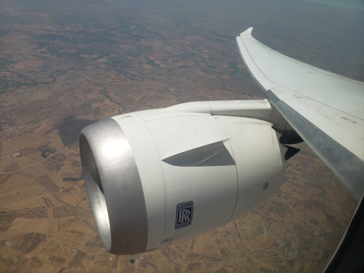Rolls-Royce Trent 1000 engine and nacelle on a Boeing 787 seen from a passenger window in flight