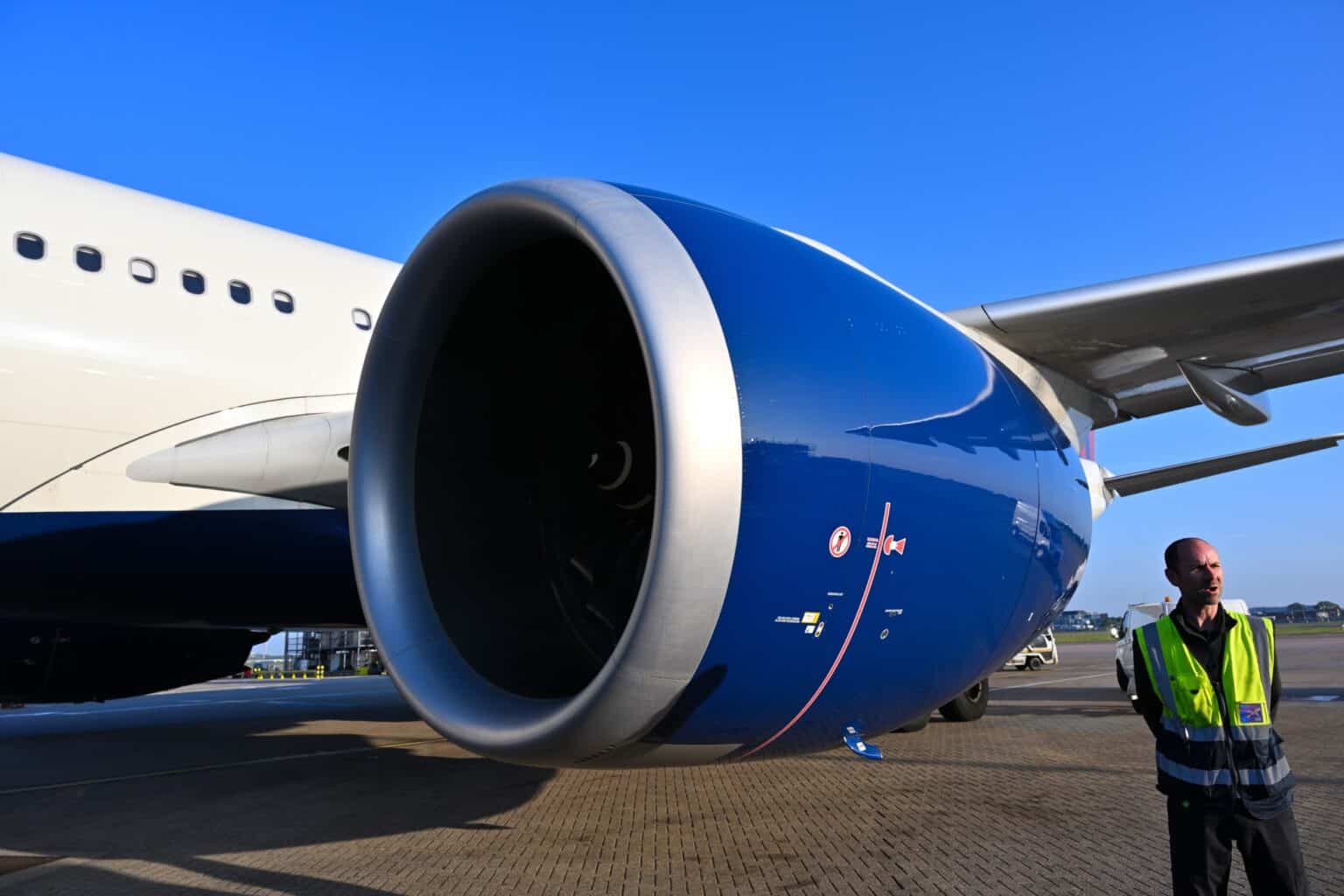 Rolls-Royce Trent 7000 engine and wing of a Delta Air Lines Airbus A330-900 on the ramp