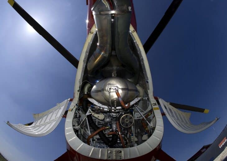 Open engine bay of an MD Helicopters MD 520N seen from above, with the engine and drive components exposed