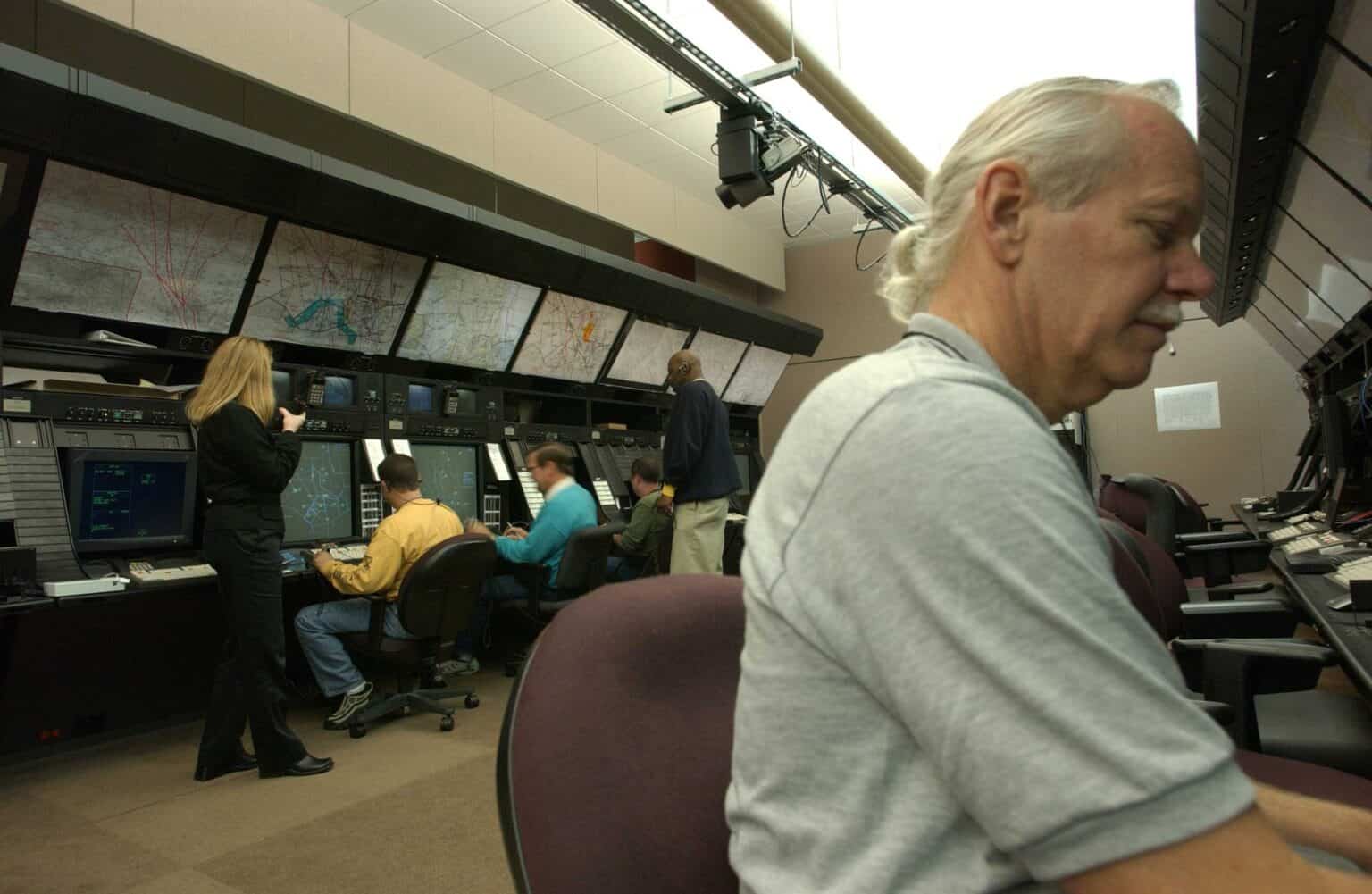 Air route traffic controllers working at radar positions at the Washington ARTCC in Leesburg, Virginia