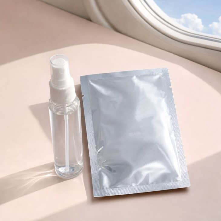 Fine-mist spray bottle and a folded sheet mask packet