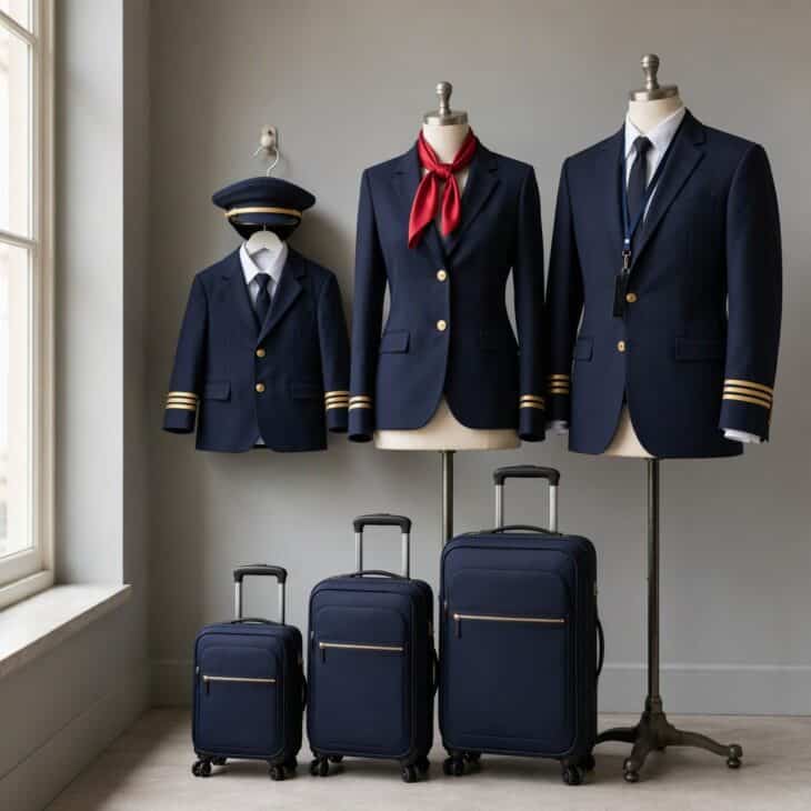 A child-sized captain jacket beside two adult navy blazers and three suitcases in graduated sizes.