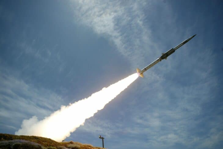 GQM-163A Coyote supersonic target leaving its launch rail trailing a long exhaust plume