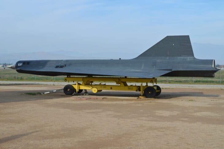 Lockheed D-21B reconnaissance drone on its transport dolly at an air museum