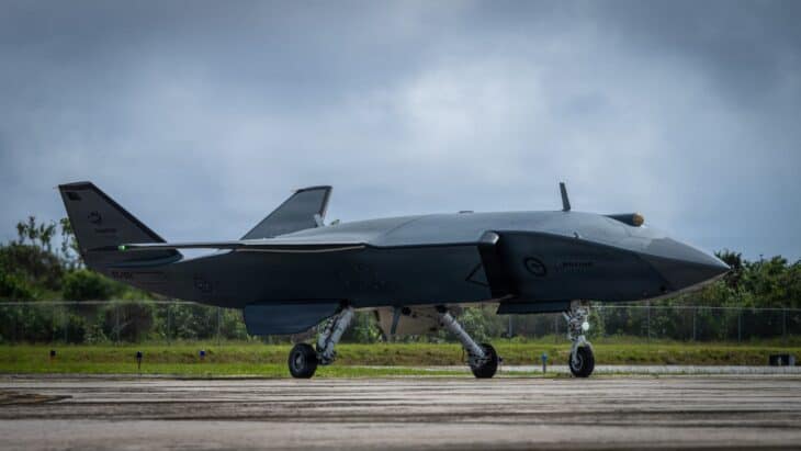 Boeing MQ-28 Ghost Bat parked on an airfield apron after a flight