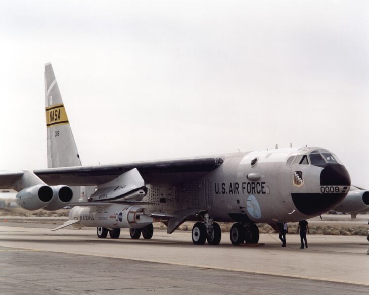 NASA's NB-52B carrier aircraft on the ground with an X-43A and its Pegasus booster slung under the right wing
