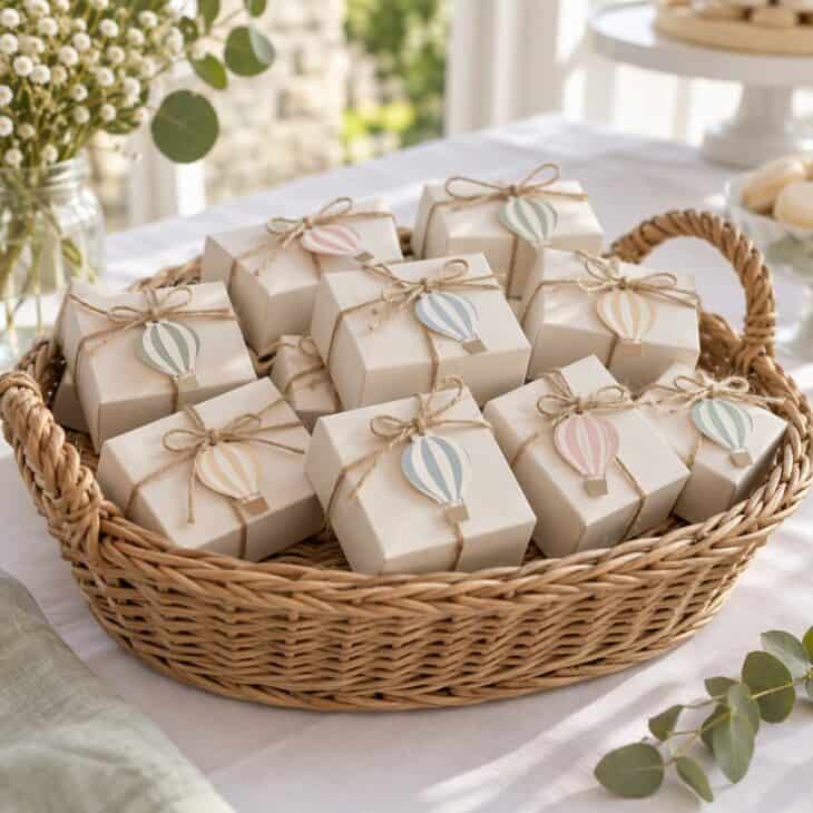 Favor boxes carry the centerpiece home with each guest.