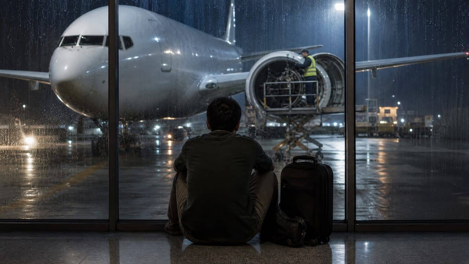 A stranded passenger sits by a rainy terminal window at night while a mechanic works on an open engine of an unmarked twin-engine jet