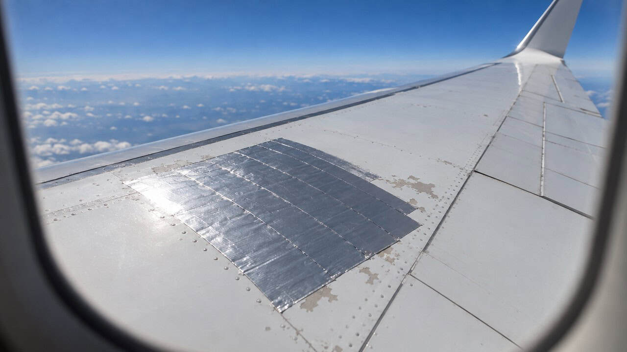 Strips of silver aluminum speed tape applied flat over peeling paint on an airliner's upper wing, seen from a cabin window