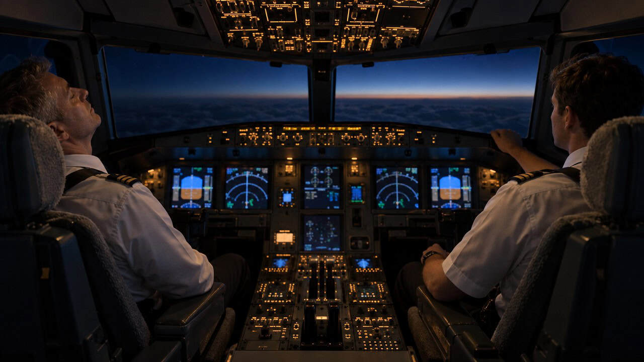 Night airliner flight deck with one pilot resting eyes closed while the other monitors the instruments