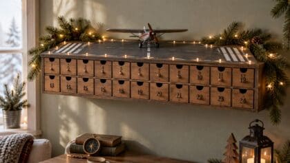 Wall-mounted wooden runway advent calendar with numbered drawers and a miniature propeller plane