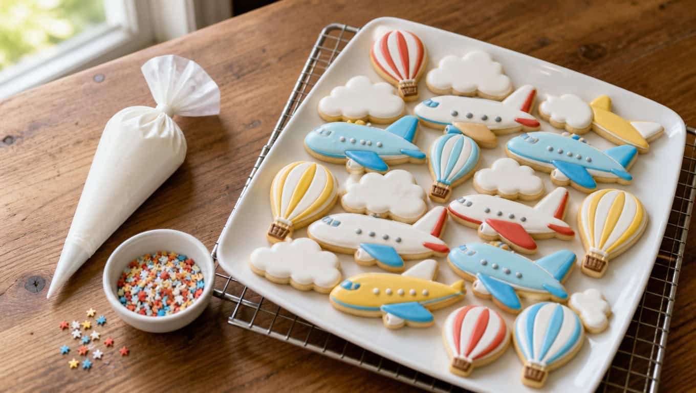 Platter of decorated airplane, cloud and hot air balloon sugar cookies on a cooling rack beside a piping bag and sprinkles