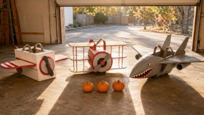 Three wearable airplane costumes: a cardboard box plane, a biplane and a shark-mouth fighter jet, beside small pumpkins