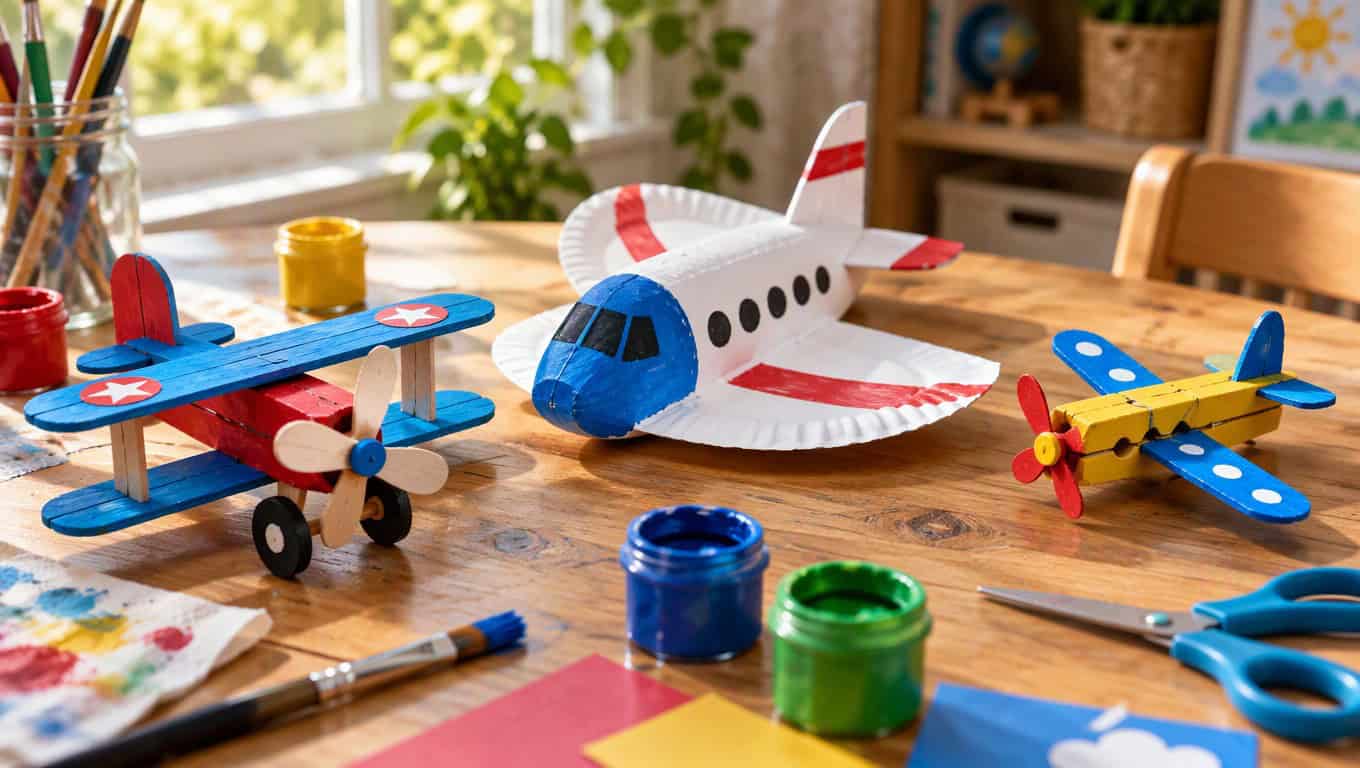 A table of finished kids airplane crafts made from craft sticks, paper plates and clothespins