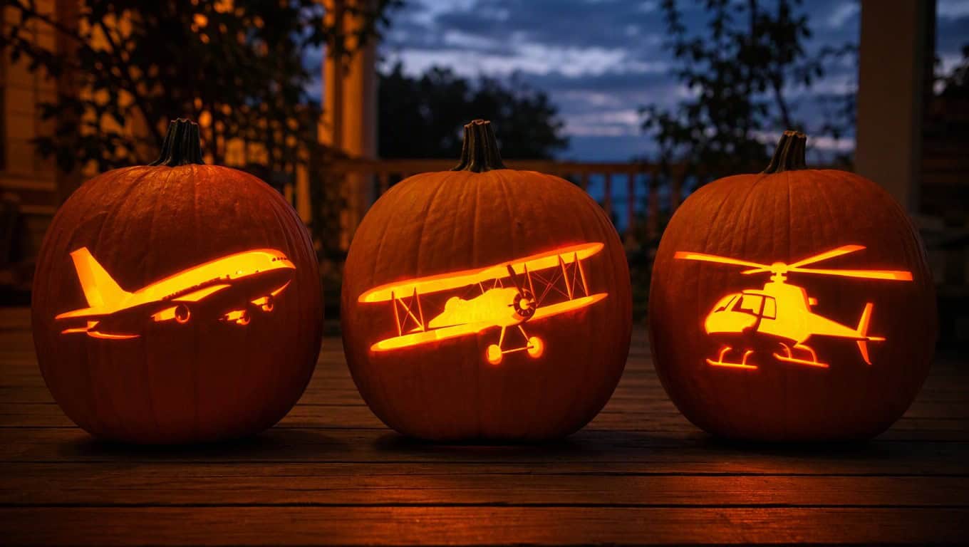 Three carved pumpkins glowing with airliner, biplane, and helicopter silhouettes on a dark porch at dusk