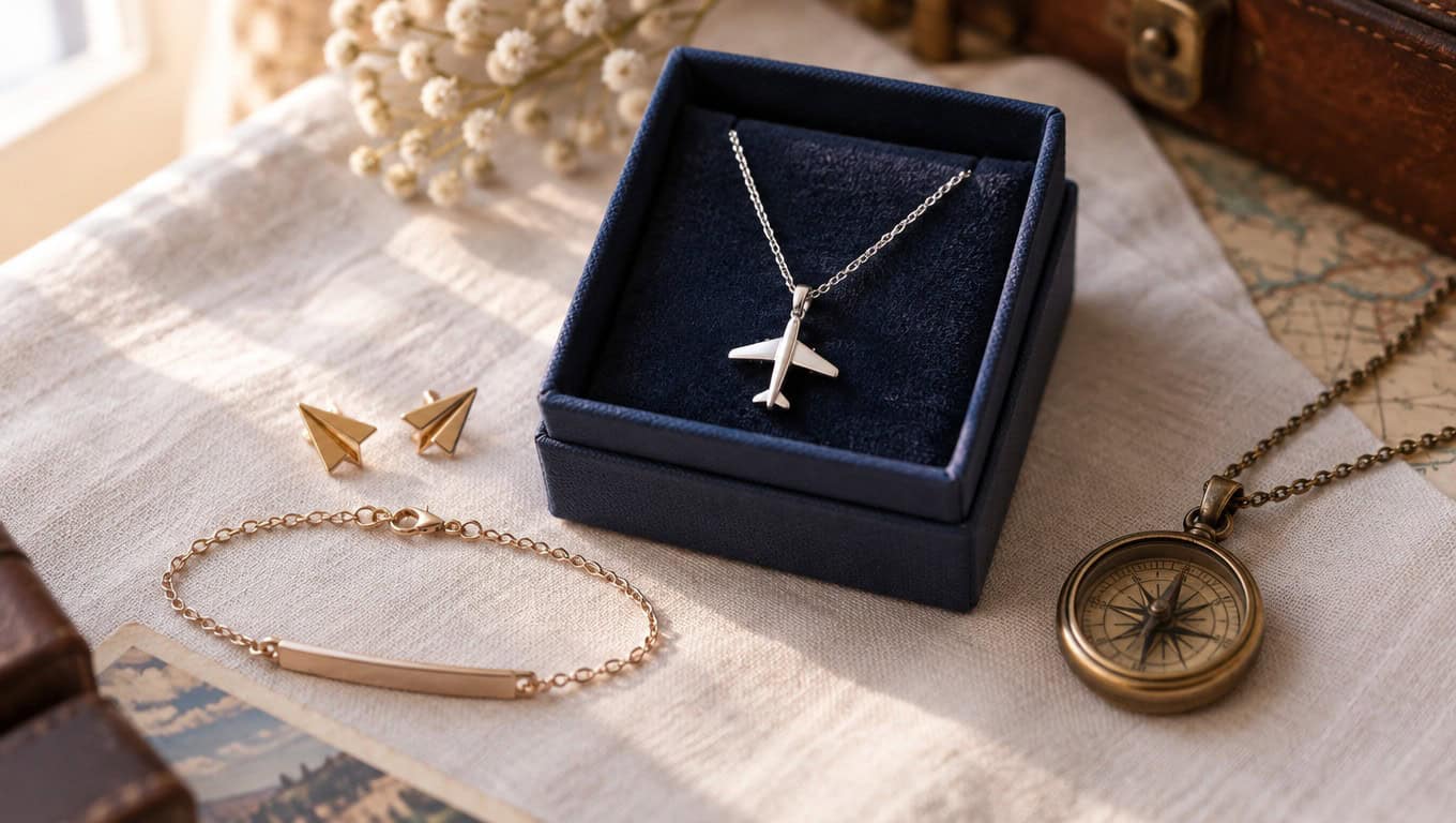 Aviation themed jewelry flat lay with an airplane necklace, paper plane earrings and a compass pendant