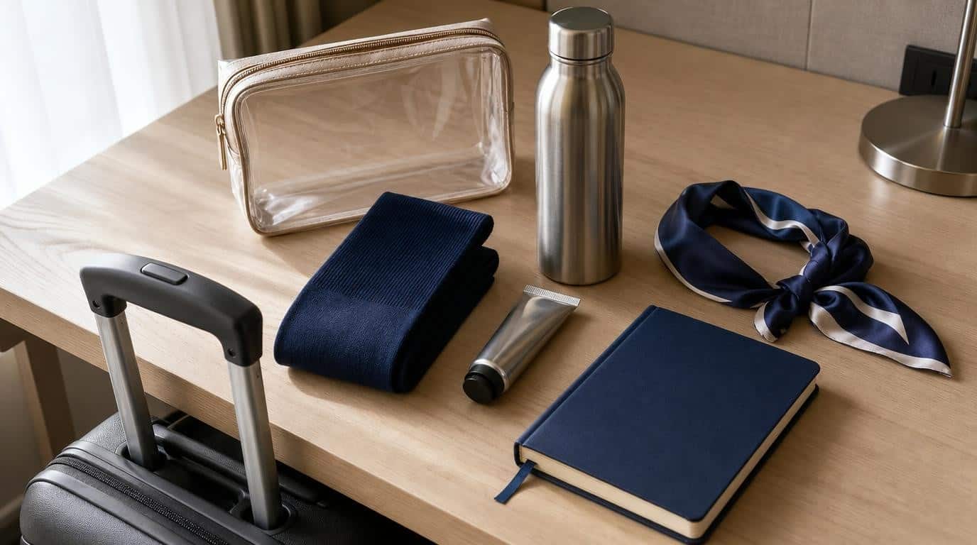 Practical gifts for airline crew laid out on a hotel desk beside a carry-on suitcase handle