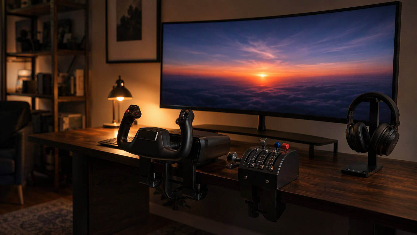Home flight simulator desk with yoke, throttle and curved monitor at dusk