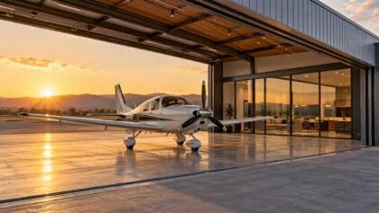 A modern hangar home with a glass-fronted living space beside an open hangar door and a small plane