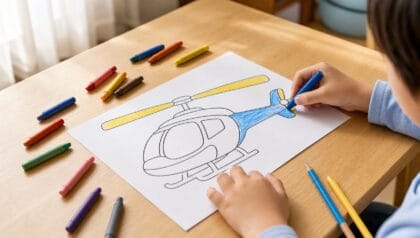 Child coloring a helicopter coloring page with crayons at a wooden table