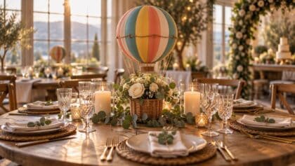 Hot air balloon centerpiece on a festive banquet table with roses and candles