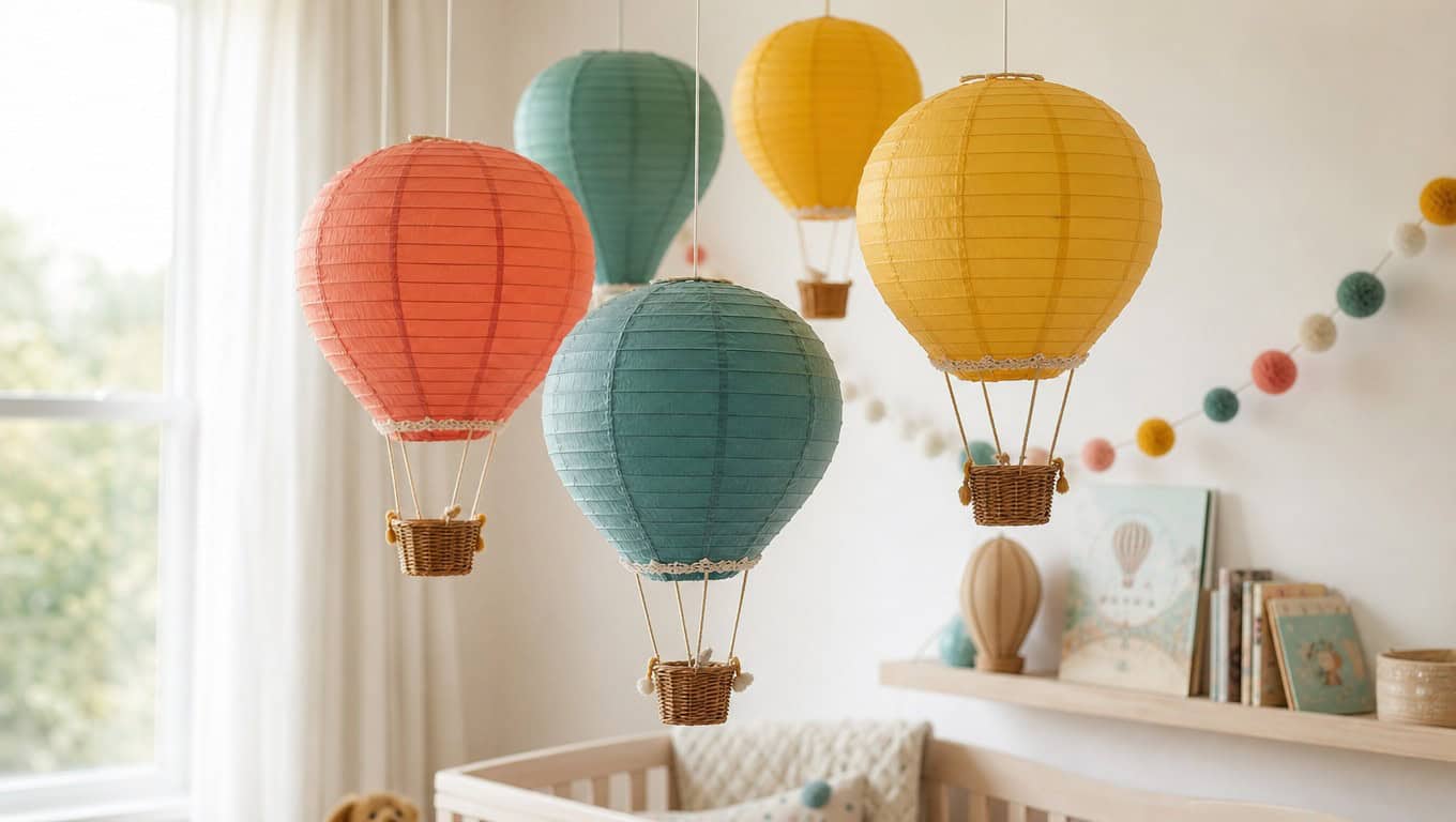 Paper lantern hot air balloons and a felt garland in a bright nursery corner