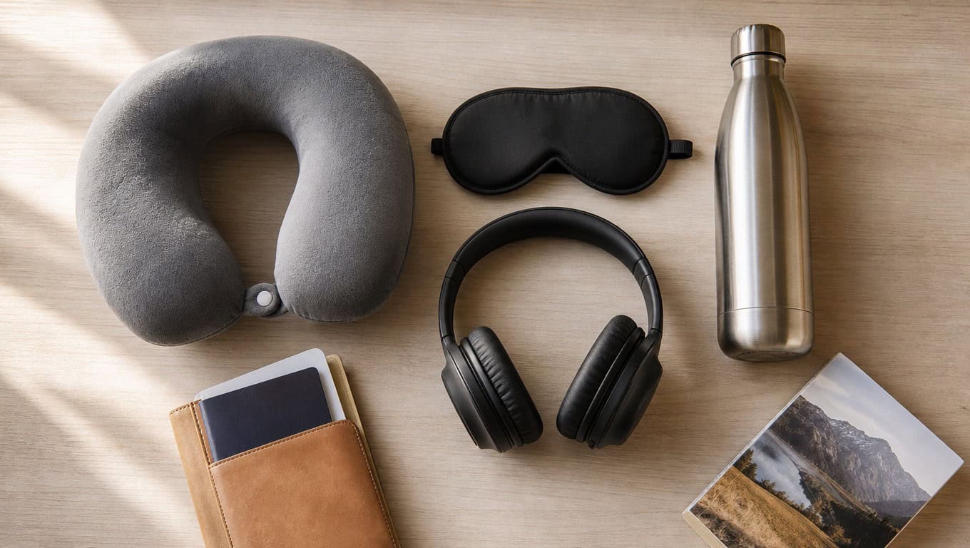 Flat lay of long flight essentials including a neck pillow, sleep mask, headphones and water bottle