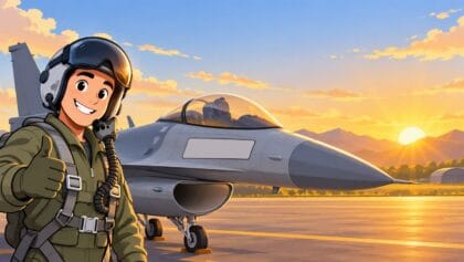 Cartoon pilot in a helmet smiling beside a sleek jet at sunrise