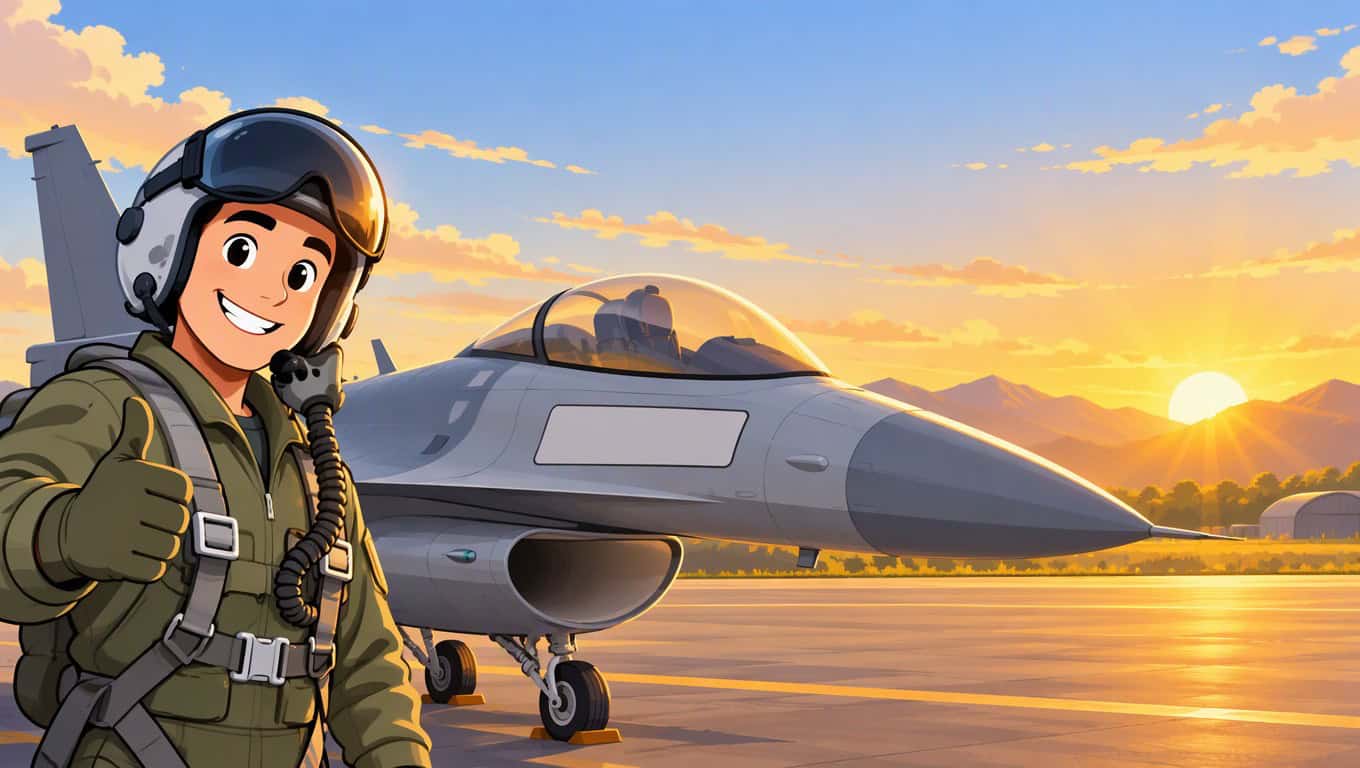 Cartoon pilot in a helmet smiling beside a sleek jet at sunrise